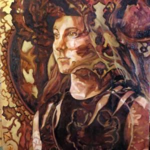 Girl in Venetian Pattern, oil on panel, by Deb Jellison