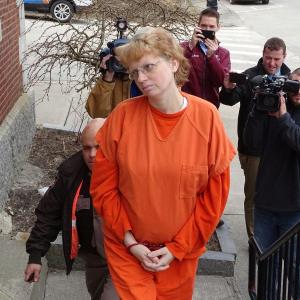 Sharon Carrillo walks into Waldo County Superior Court April 2. (photo Erica Thoms)