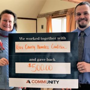 Stephanie Primm, Knox County Homeless Coalition Executive Director, and Greg Jones, Machias Savings Bank Branch Manager.