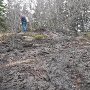 Lincolnville firefighters extinguish a grass/woods fire at the top of Bald Rock Mountain Sunday, May 6. (Photo courtesy Lincolnville Fire Department)