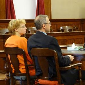 Sharon Carrillo sits with her attorney Chris MacLean in Waldo County Superior Court. (photo by Erica Thoms)