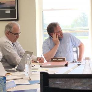 May 21 in the school district offices of Camden-Rockport’s SAD 28, with financial director Cathy Murphy, bond adviser Joe Coutera, SAD 28 Board Chairman Matt Dailey and Superintendent Maria Libby. (Photo by Lynda Clancy)