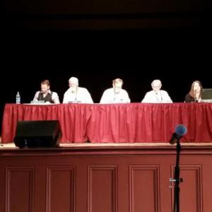The June 13 Rockport Town meeting was led by moderator, Bob Duke. On the stage are (from left), Select Board members Owen Casas, Mark Kelley, Doug Cole, Town Manager Rick Bates, Finance Director Megan Brackett and Town Clerk Linda Greenlaw. (Photo by Sarah Shepherd)