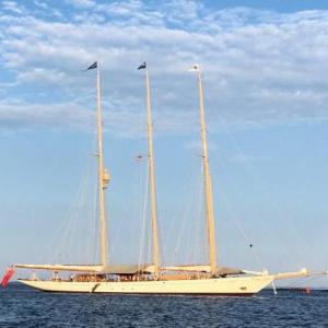 ‘Adix’ on a mooring in Camden Harbor Sunday, August 26. (Photo by Jenna Lookner)