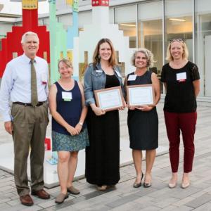 Left to right: MaineCF President and CEO Steve Rowe; Knox County Committee Chair Kristen Lindquist; Becca Gildred, Director of Development, Knox County Homeless Coalition; Tia Anderson, Director, Midcoast Habitat for Humanity; and MaineCF Senior Program Office Maggie Drummond-Bahl. (Photo by Carl Little, Maine Community Foundation)