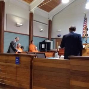 Thomas Shell (right) made his first appearance in Knox County Unified Court Sept. 21 with his attorney Christopher MacLean of Camden. (Photo by Sarah Shepherd)