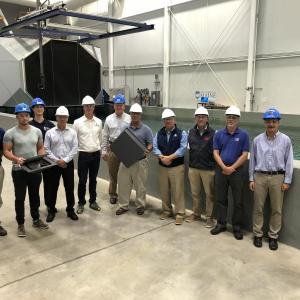 Maine boatbuilders visit the University of Maine Advanced Structures and Composites Center to kick off the formation of a consortium focused on providing 3D printing technology to the boatbuilding industry. From left are Chris Moran of Compounding Solutions; Kohl Shaw of the Advanced Structures and Composites Center; Camerin Seigars of the UMaine Composites Center; Joe Wilson of Compounding Solutions; Nate Thompson of Hodgdon Yachts; James Anderson, UMaine Composites Center senior program manager; Burr Shaw of The Hinckley Company; Kevin Burns of Back Cove/Sabre Yachts; Josh Moore of Lyman-Morse Boatbuilding; Kevin Houghton of Lyman-Morse Boatbuilding; and Habib Dagher, UMaine Composites Center executive director. Photo courtesy of the Advanced Structures and Composites Center