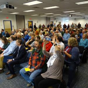 The meeting room at the Hutchinson Center in Belfast filled Nov. 28 with many Islesboro residents, politicians, and several residents of other islands, all in support of Islesboro, or more thoughtful consideration of ferry tariffs. (photo by Erica Thoms)