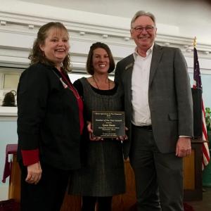 Willie Sawyer Grenier (ME Ag in the Classroom executive director), Lynn Snow (2019 Teacher of the Year), and Ron Dyer (Agriculture, Food, and Rural Resources Bureau director). Taken at the Maine Agriculture in the Classroom Annual Meeting held at the Maine State Grange Headquarters in Augusta on October 24, 2018. (Photo courtesy of Thomaston Grammar School)