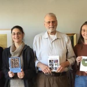 Belfast Flying Shoes board members present contra dance DVDs to Belfast Free Library staff (L to R: Chrissy Fowler, BFS secretary; Christina Barstow, BFS associate treasurer; Erica Rubin-Irish, youth services librarian; Lee Stover, BFS president; Sharon Pietryka, reference and special collections librarian, and Steve Norman, library director.)