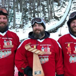 The Splittin’ Adams include Adam Way, Kevin Kempton and Adam Thurlow. The team earned a trophy for taking first place with the three-man team category at the 29th Annual Toboggan National Championships at the Camden Snow Bowl, Feb. 8-10, 2019. (Photo courtesy Tracy Boardman)