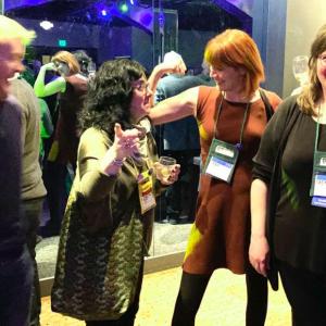 Celebrating at the ABA Conference (l to r) Nic Bottomley from the UK https://mrbsemporium.com/, Christine Onorati of WORD bookstores in Brooklyn and Jersey City, and Janet Geddis of Avid bookshops in Athens, GA, Lacy Simons, owner hello hello bookstore in Rockland. (Photo courtesy Lacy Simons)