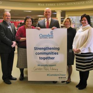 From left: Shawn Jacobs and Nikki Maounis of the Camden Public Library, stand with Mark O’Donal, Audrey Klein-Leach, and Alli Young, of Camden National Bank. (Photo courtesy Camden Public Library)