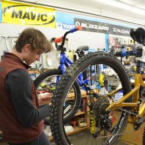 In the shop at Sidecountry Sports, in Rockland, bike-tuning continues almost year-round. (Photo by Lynda Clancy)