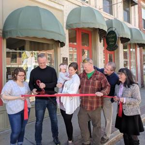 Ribbon cutting of the two stores in new locations on Main Street, Belfast.
(L to R) Kari Pratt of Katwalk, Chase Hall of EPOCH, Olivia and Kat Loblein and John Gibbs of Katwalk, Steve Ryan of the Chamber of Commerce, Jen Harris of Our Town Belfast. (Photo courtesy of Belfast Chamber of Commerce)