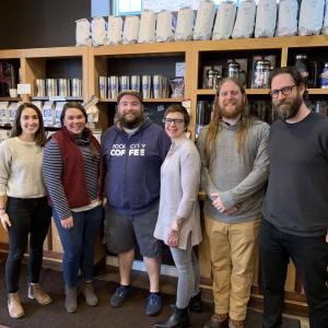L to R: Bryson Cowan King, Trekkers board member; Kate Elmes, Trekkers director of development: Ryan Jackson, Barista - Rock City Employee Cooperative; Amie Hutchison, Trekkers executive director; BJ Chamberlain, Café manager- Rock City Employee Cooperative; and Kevin Malmstrom, general manager - Rock City Employee Cooperative. (Photo courtesy Trekkers)