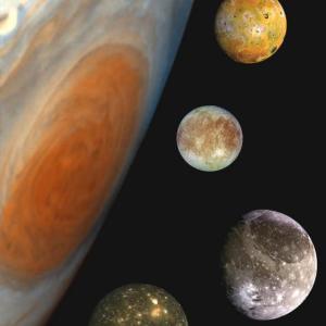 Jupiter and the Galilean_Satellites: A Montage of Jupiter's four Galilean moons, in a composite image depicting part of Jupiter and their relative sizes (positions are illustrative, not actual). Public domain.