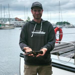 Camden resident Dominic Gioia poses with his rare calico lobster Saturday, June 22. (Photo courtesy Dominic Gioia)