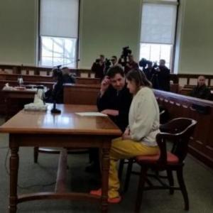 Sarah Richards and her attorney Jeremy Pratt, of Camden, at her initial court appearance Feb. 25 in Knox County Superior Court in Rockland. (file photo by Sarah Shepherd)