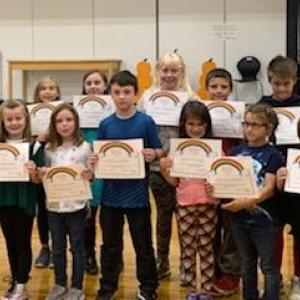 Front Row: Swayze Prior, Skyler Rhodes, Ayden Basinet, Marilyn Holom, Aurora Paolino, Ryker Dare. Back Row: Principal Ainslee Riley, Brock Libby, Ericka Bailey, Vera Leighton, Mary Johnson, Dale Libby, Tucker Adams, and Marlena Gorman. (Photo courtesy Thomaston Grammar School)