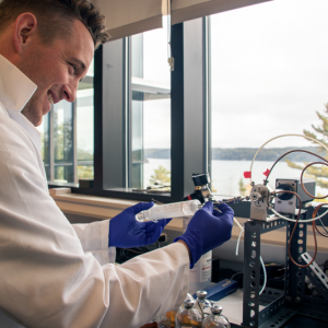 Bigelow Laboratory Senior Research Associate Kevin Posman runs an experiment as part of a project that aims to reduce methane emissions from cattle using seaweed supplements. A new $3 million grant will enable the project team to evaluate the effectiveness of Maine seaweeds and determine their potential health benefits to cattle. Courtesy of Bigelow Laboratory for Ocean Sciences