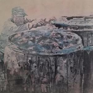 Painting of Phil Raynes in “Bog Onion.” (Photo courtesy Sail Power and Steam Museum)