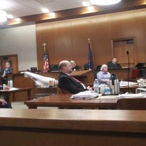 Assistant Attorney General Zainea (second from right) raises her hands while describing a photo of Sharon Carrillo and Marissa Kennedy to jurors during her closing argument. Sharon Carrillo’s attorney Laura Shaw is on the far left, with Sharon Carrillo sitting beside her, who in turn is sitting by attorney Chris MacLean.
(photo by Erica Thoms)