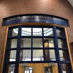 The new signage for the newly named Edna St. Vincent Millay Library at Camden Hills Regional High School in Rockport. (Courtesy Frank Sparhawk)