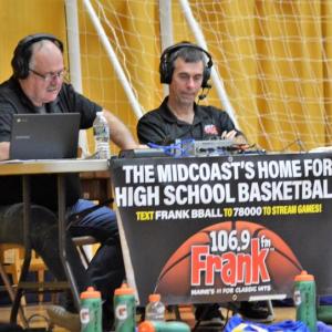Don Shields, left, and Terry Spear broadcasting a game from Boothbay Region High School this season. (Photo by Kevin Burnham/Boothbay Register)