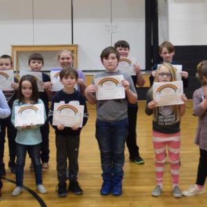 Friendship Award Recipients – Front Row: Bailee Dare, Piper McMahan, Eleanor Shortall, Kellen Purington, AJ Harvey, Addyson Schultz, Evelyn Robertson, Finn Mullen. Back Row: Principal Ainslee Riley, Addison Lincoln, Noah Blakey, Liam Orne, Ava Chamberlin, Caleb Downer, Levi Murphy, Owen Simmons. (Photo courtesy Thomaston Grammar School)