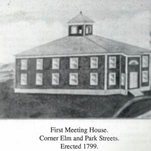The first Meeting House, erected in 1779 at the corner of Park and Elm streets, in Camden. (Image courtesy Barbara F. Dyer)