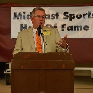 Belfast Area High School athletic director and assistant principal Terry Kenniston giving a speech at the Midcoast Sports Hall of Fame induction ceremony in October 2014. (File photo/Ron Hawkes)