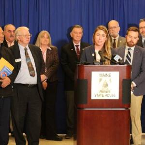 Sen. Herbig advocates for career and technical education at the State House on Feb. 6. Second from left: Kevin Michaud, director of the Waldo County Technical Center in Waldo. Fourth from left: Wilson Hess of Freedom, chair of the State Board of Education. Second from right: Rep. Scott Cuddy, D-Winterport.