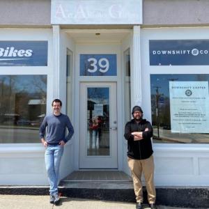 CG Bikes owner Chris Gardner and business associate, Nathaniel Baer in front of their join business in Belfast. (Photo courtesy Chris Gardner)