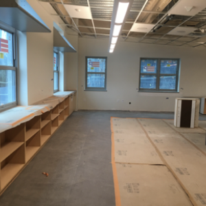 This is a picture of a science classroom. You can see the casework that is typical of every classroom. Science classrooms are stacked in the corners, getting extra windows with views to the woods. (Photo courtesy Steve Claffie)