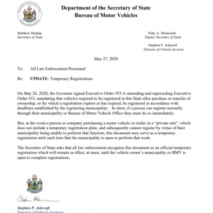 The temporary registration letter some individuals may need to use as they await the opportunity to properly register their vehicle.