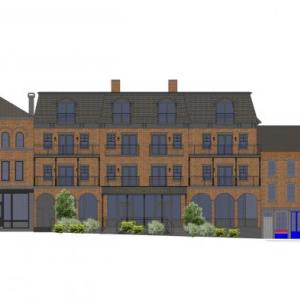 The revised rendering of Rockport Harbor Hotel, as seen from Central Street. The hotel is to lie between the Shepherd Block and Union Hall. (Image courtesy Town of Rockport Planning Office)