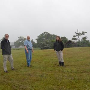 Coastal Mountains Land Trust Director Ian Stewart, Lincolnville Town Manager David Kinney and Land Trust Protection Coordinator Heather Rogers, at the former Point Lookout Penobscot Park, in Lincolnville. (Photo by Lynda Clancy)