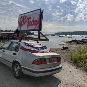 Maine Senator Dave Miramant (D-Camden) is moving around his district this morning, urging voters to get to the polls, if they did not vote via absentee ballot. This photo was taken in Owls Head. (Photo courtesy Dave Miramant)