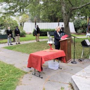 Rep. Vicki Doudera, speaking Sept. 18, on the Camden Village Green. (Photo courtesy Jeff Sukeforth)
