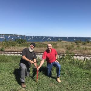 Sculptor Jay Sawyer (aka JBone) and fellow Maine Maritime Academy alum Mark Curtis identify the site of an “El Faro Salute!” memorial proposed for Rockland. (Photo courtesy Jay Sawyer)