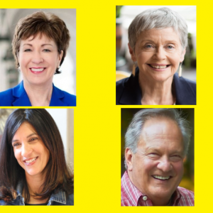 U.S. Senatorial candidates, in the top row, are Susan Collins and Lisa Savage; in the bottom row are Sara Gideon and Max Linn.