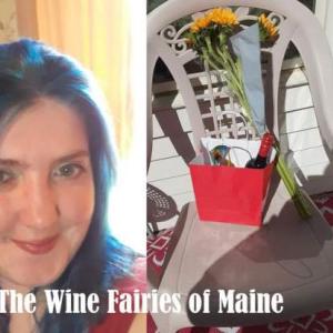 Photo of Carly Laughery (left) and a gift bag left by a Wine Fairy of Maine (right.) Photo courtesy Carly Laughery