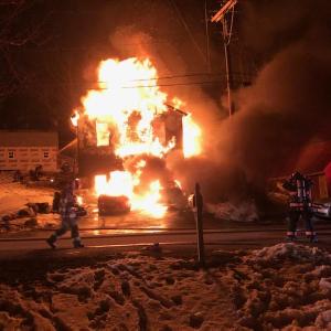 A home on Mount Battie Street in Camden was destroyed and four occupants were transported to Pen Bay Medical Center early in the morning, Feb. 25 as a fire raced through their home.