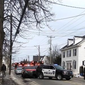 Main Street in Rockland is closed while firefighters and EMS tend to injured following a vehicle rollover into a house Feb. 18. (Photo by Sarah Thompson)