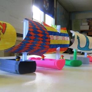 3-D-printed boats crafted by students at the Edmunds School in Edmunds TWP, a Maine EUT school. (Photo courtesy Maine Community Foundation)
