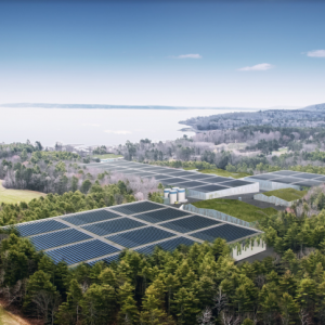 The proposed Nordic Aquafarms, Inc., facility with Penobscot Bay in the distance. (Image courtesy Nordic Aquafarms, Inc.)