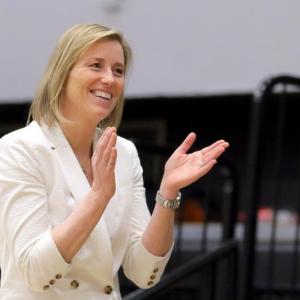 Adrienne Shibles coaching in a 2019 game against State University of New York at New Paltz. (Courtesy Bowdoin College)