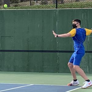 Freshman Rath Schoenthal won his first high school match 6-0, 6-0 versus No. 2 Oceanside player Andrew Peaco April 15 at Boothbay Region High School. BILL PEARSON/Boothbay Register