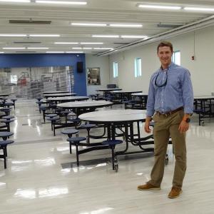 Colden Golann, in his prior role as assistant principal at Belfast Area High School, stands in the newly renovated BAHS cafeteria during an August 2019 open house. (File photo/Erica Thoms)